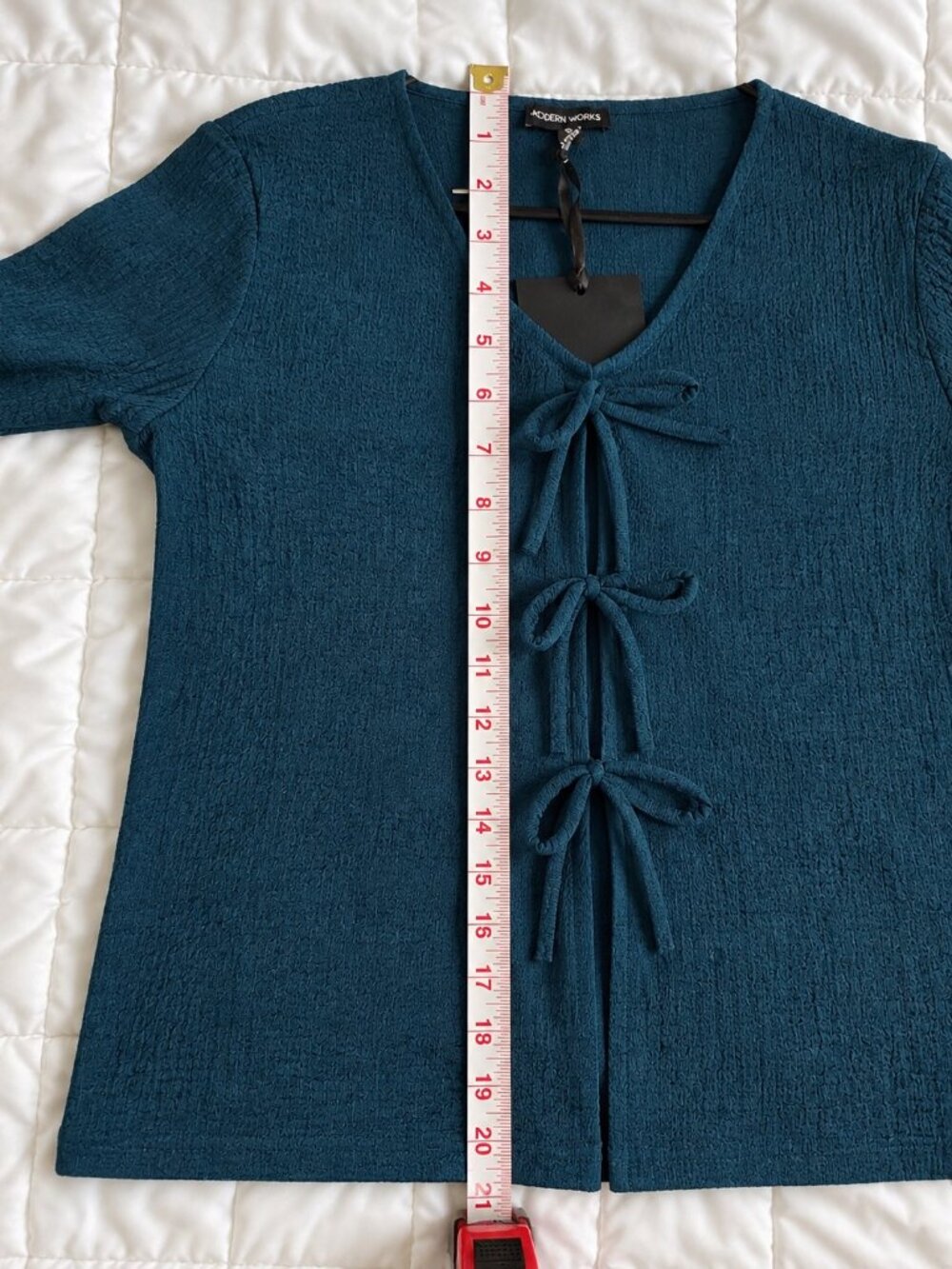 Modern Works Teal Textured Bow Front Long Sleeve Top – Size Small - Picture 3 of 11
